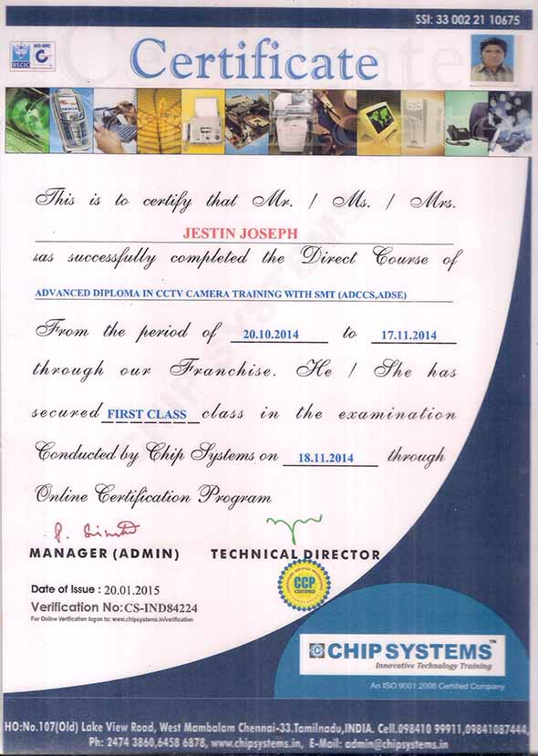 Advance Diploma in CCTV Camera Training with SMT (ADCCS, ADSE) Course Certificate