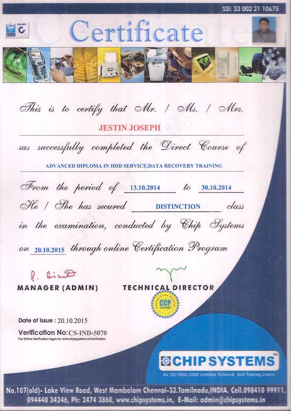 Advance Diploma in HDD Service, Data Recovery Training Course Certificate