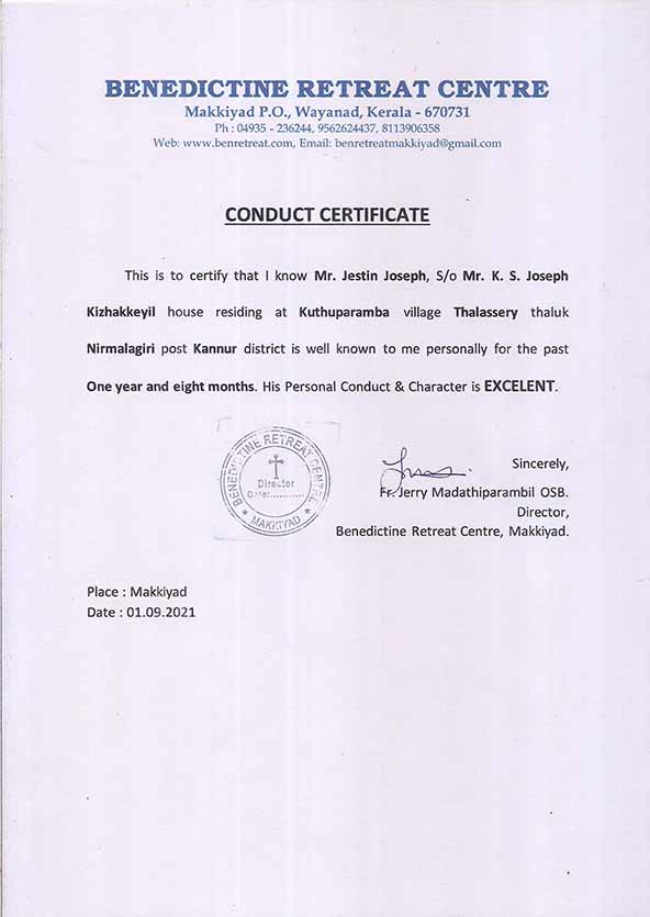 Benedictine retreat center Conduct Certificate