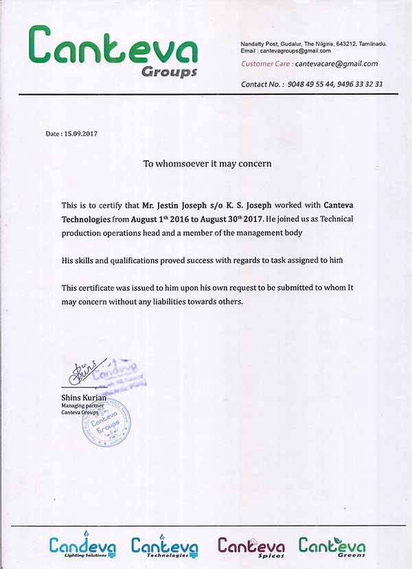 Canteva Experience Certificate